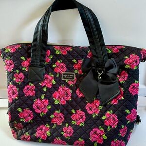 Betsey Johnson Quilted Black and Pink Floral Carryon Duffel Overnight Bag